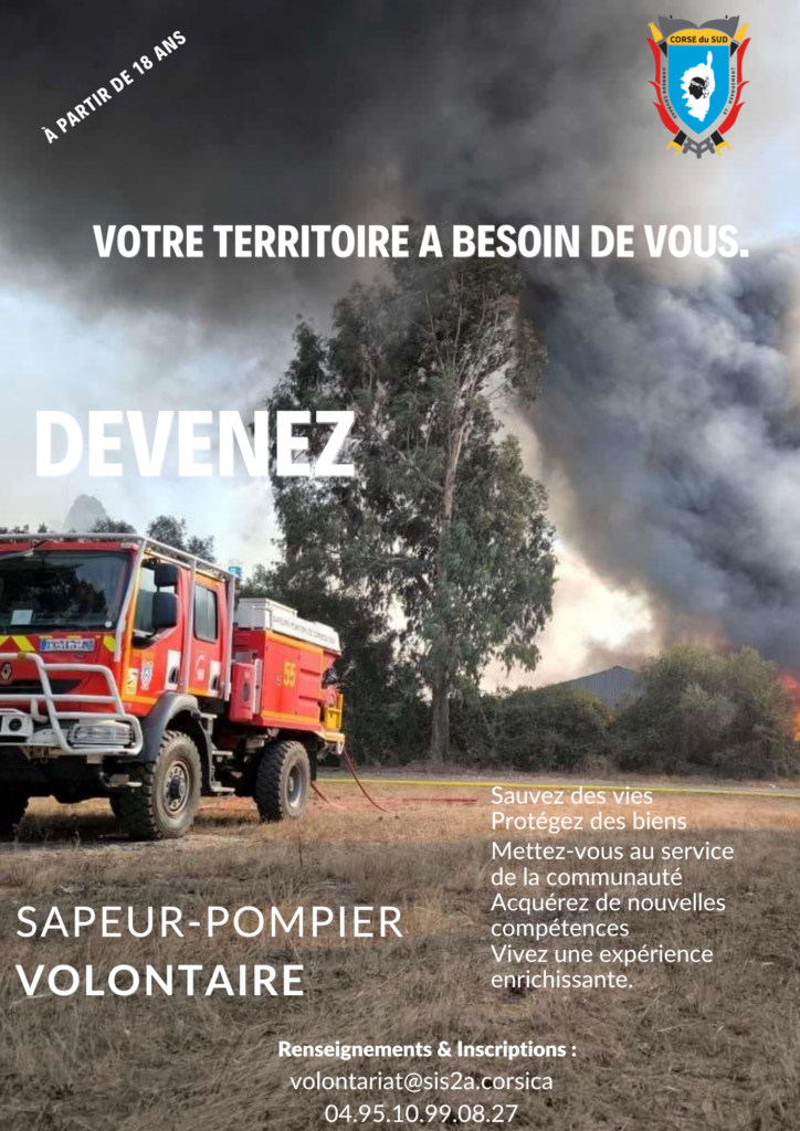 Affiche de recrutement sapeur-pompier volontaire pour la campagne feux de forêts 2025. Un camion devant un panche de fumée noir. Légende : Votre territoire a besoin de vous. Devenez sapeur-pompier volontaire.